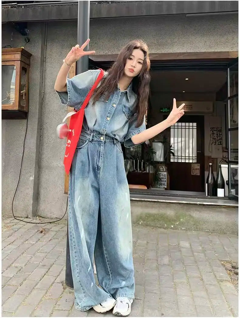 Denim Vintage Jumpsuits Women Single Breasted Button Design Turn-down Collar Long Sleeve Romper Solid Pockets Overalls