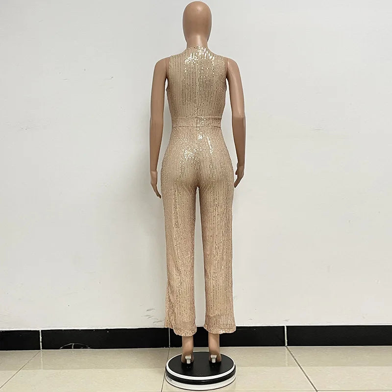 Bling Bling Sequined Club Jumpsuit Sexy Women O-neck Elegant Shiny Sliver Gold Sequins Straight Romper Overalls