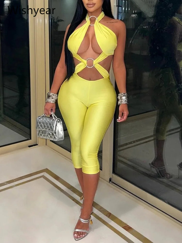 Women Turquoise Halter Neck Jumpsuit Cutout Front Sleeveless High Waist Bodycon Capri Pants Metal Ring Party Club Beach Outfit