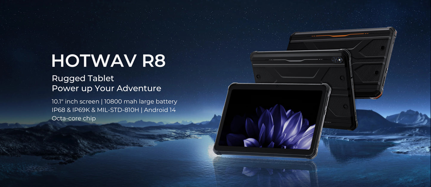 HOTWAV R8 IP68&IP69K Rugged Tablet 10800mAh Massive Battery Android 14 Pad 10.1'' HD+ Display 4GB RAM 128GB ROM/1TB Expansion 13MP +5MP Camera Global 4G Tablet PC