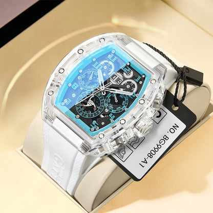 BONEST GATTI Men Automatic Watch Tonneau Mechanical Wristwatch Crystal Case Rubber Band Month Week Date Multi Dial Watches