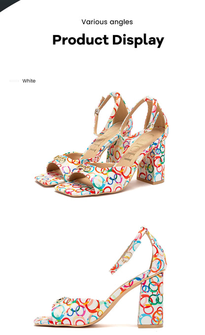 2024 Fashion High Heels Women's Luxury Design Sandals Metallic Flower Square Toe Fine Heel Party Dress Shoes High Heels