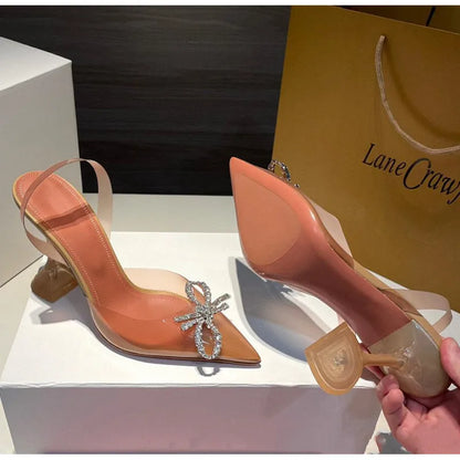 35-45 Fashion Transparent Soft PVC Women Pumps Luxury Rhinestones Bowknot Slingback High heels Spring Summer Wedding Party Shoes