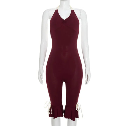 Joskaa Bowknot Decorate Halter Apricot Jumpsuit Women Hipster Sexy V-neck Backless Bandage Skinny Rompers Beach Holiday Clubwear