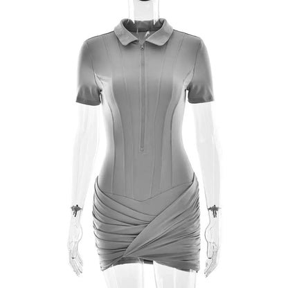 Sibybo Polo Collar Zipper Women Jumpsuits Set Short Sleeve High Elastic Rompers Ruched Bodycon Skirt Spring Casual Matching Sets