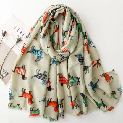 Cozy Dachshund Dog Cat Pattern Viscose Shawl for Women - 180x90Cm Fringe Detail Breathable Thin Wrap Scarves Autumn/Winter Snood