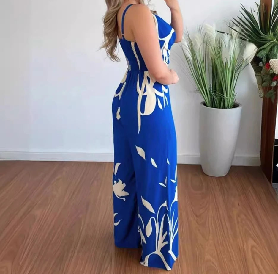 Women's Jumpsuit 2024 Summer Fashion Print Temperament Commuting Elegant Overalls Sleeveless V-neck Open Back Wide Leg Jumpsuits