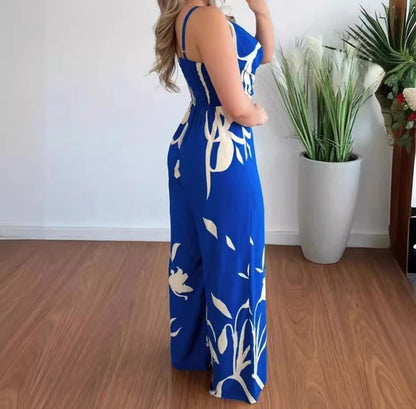 Women's Jumpsuit 2024 Summer Fashion Print Temperament Commuting Elegant Overalls Sleeveless V-neck Open Back Wide Leg Jumpsuits