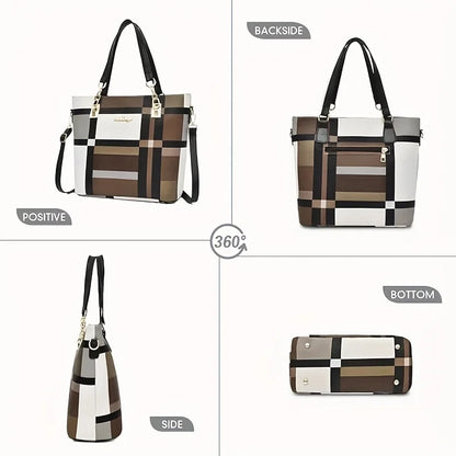 6 Pcs Women Plaid Handbag Set Fashion Checkered PU Leather Tote Shoulder Crossbody Bag Ladies Clutch Purse Card Coin Wallet Multi-piece Bag Set For Daily Shopping Party