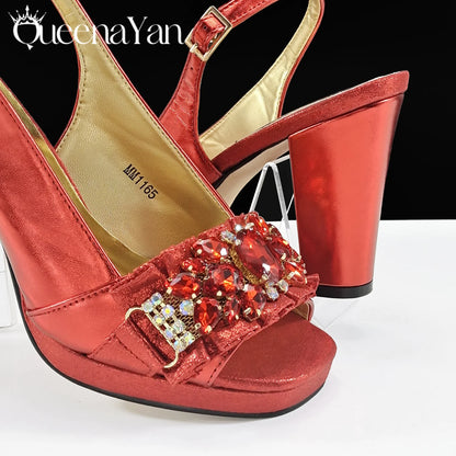 Queena Yan New Arrival Mature Elegant Silver Color Rhinestore Design Party Wedding Lady Shoes and Bag Set for Platform Design