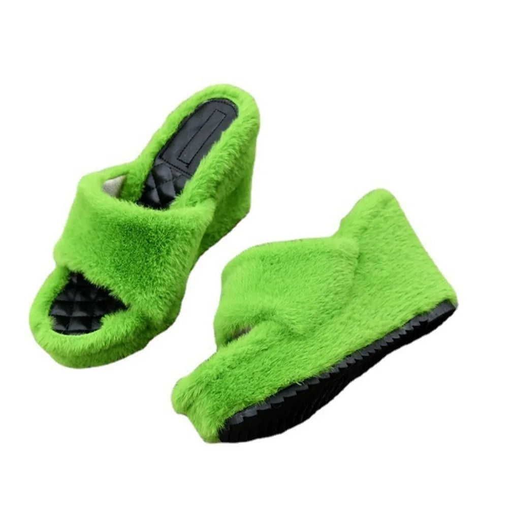 2026 Luxury New Women Feminine High Heeled Slippers Outdoor All-match Shoes Round Head Wedges With Mink Fur Femal Shoes