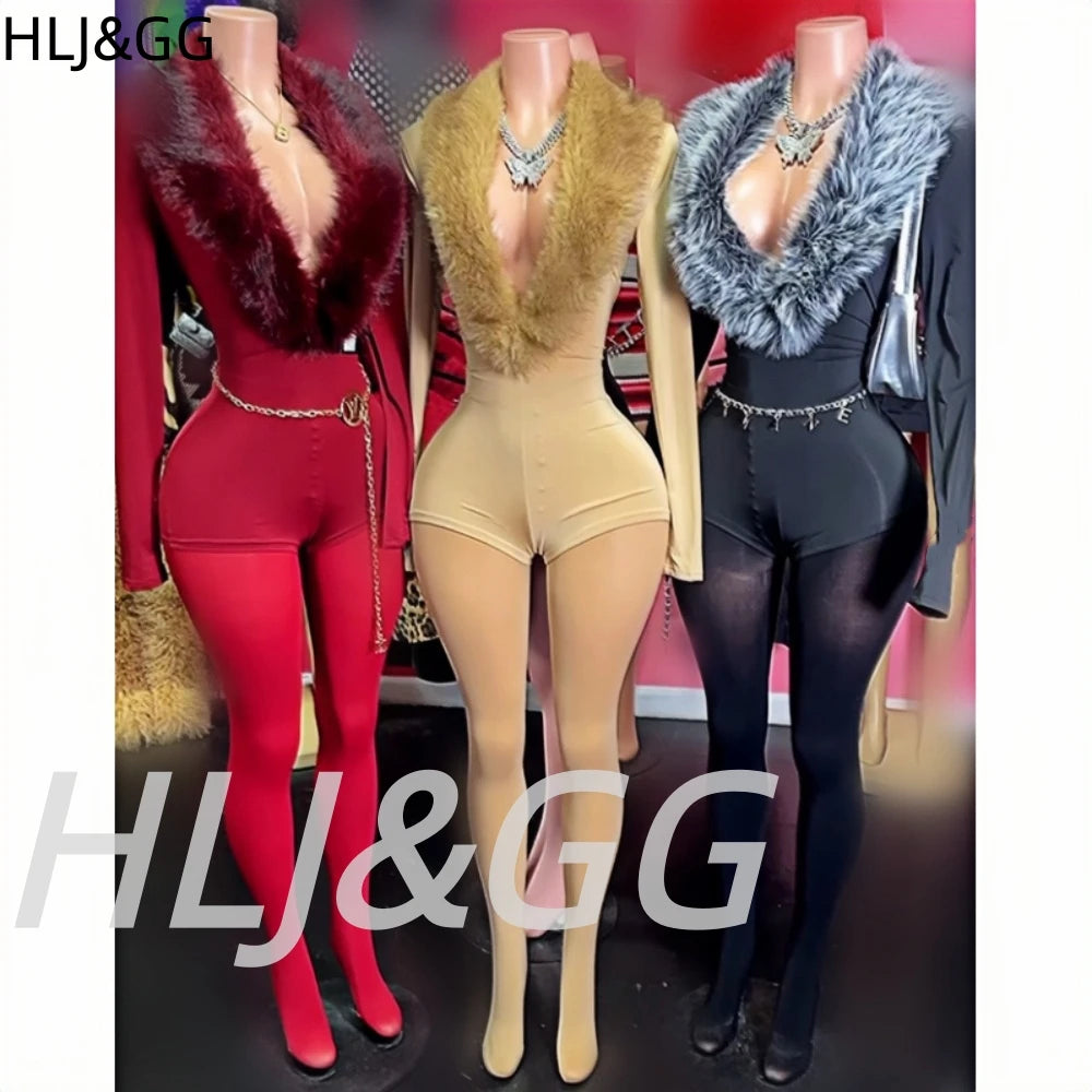 HLJ&GG Black Sexy Fur Splicing Deep V Bodycon One Piece Rompers Women Long Sleeve Slim Jumpsuits Fashion Streetwear With Belt