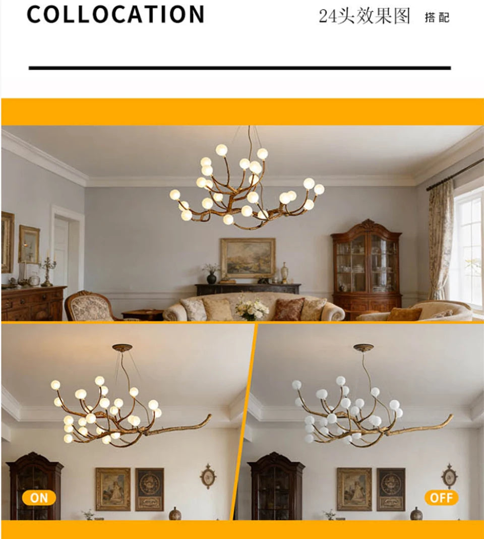 Retro Resin Tree Branch Chandeliers Frosted Glass Bubble LED Pendant Lamp for Living Dining Room Home Decor suspension luminaire