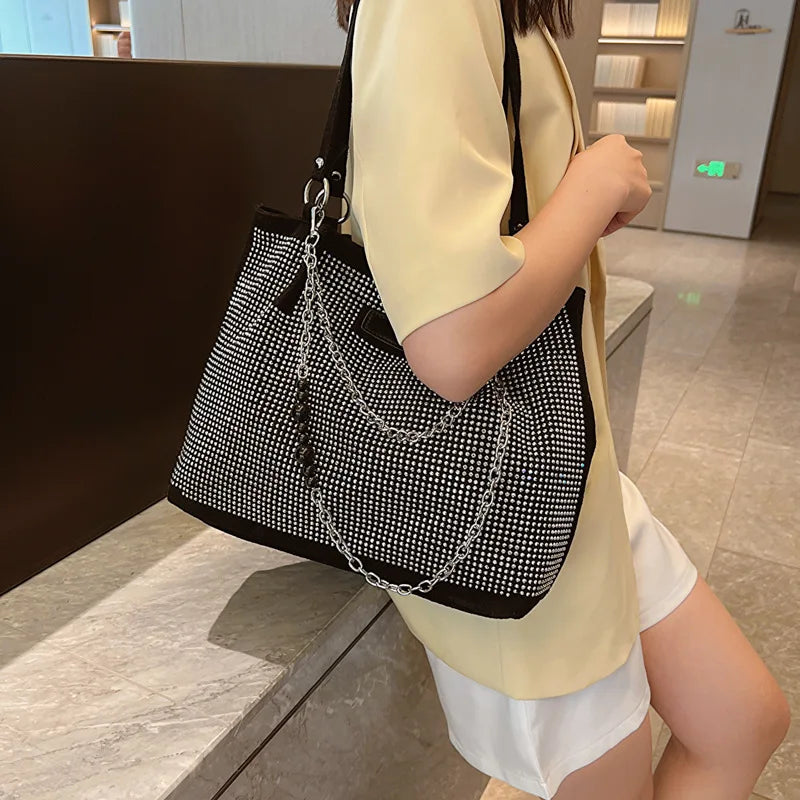 2024 Fashion Women Bling Diamonds Handbag Large Capacity PU Leather Big Totes Designer Female Chain Shoulder Bags Shopping Bags
