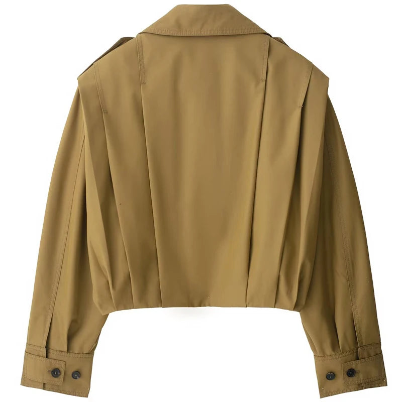 HXAO Women's Jackets Brown Pleated Jacket Spring Summer 2025 Cropped Bomber Button Long Sleeve Coats Outerwears Aviator Jackets