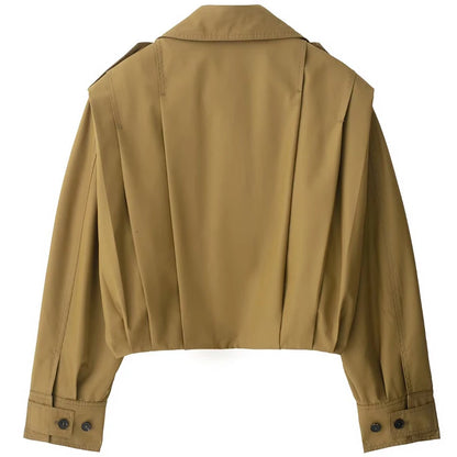 HXAO Women's Jackets Brown Pleated Jacket Spring Summer 2025 Cropped Bomber Button Long Sleeve Coats Outerwears Aviator Jackets