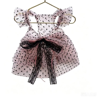 Pink Polka Dot Pet Princess Dress Breathable Sun Protection Sleeveless Tulle Dress with Lace Bow for Small Dogs Cats Pet Clothes