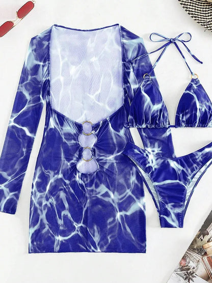 3 Piece Bikini Set Women Swimsuit Halter Cutout Metal Ring Mesh Cover Up Beach Dress Swimwear Bathing Suit