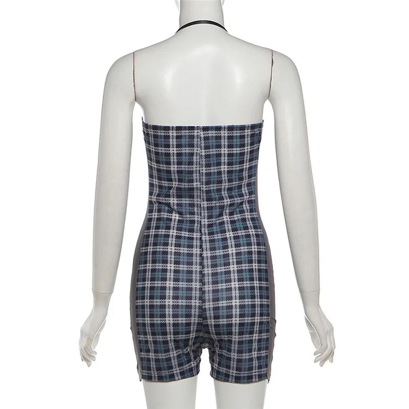 SylCue Plaid Patchwork Playsuits Woman Summer Trend Halter Wrap Chest Backless Shape Waist High Street Fashion Style Rompers