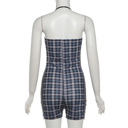 SylCue Plaid Patchwork Playsuits Woman Summer Trend Halter Wrap Chest Backless Shape Waist High Street Fashion Style Rompers