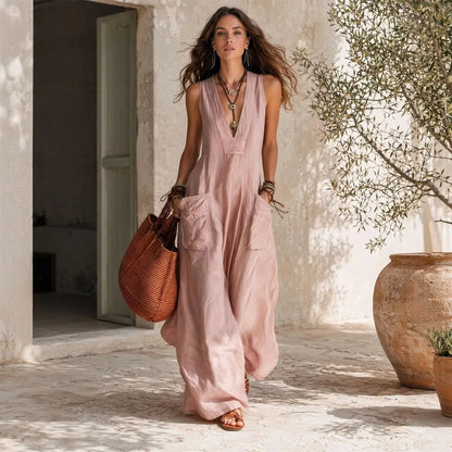 Lightweight Summer Jumpsuit Wide-leg Jumpsuit Women V Neck Jumpsuit with Pockets Wide Leg Rompers Summer Loose One for Everyday