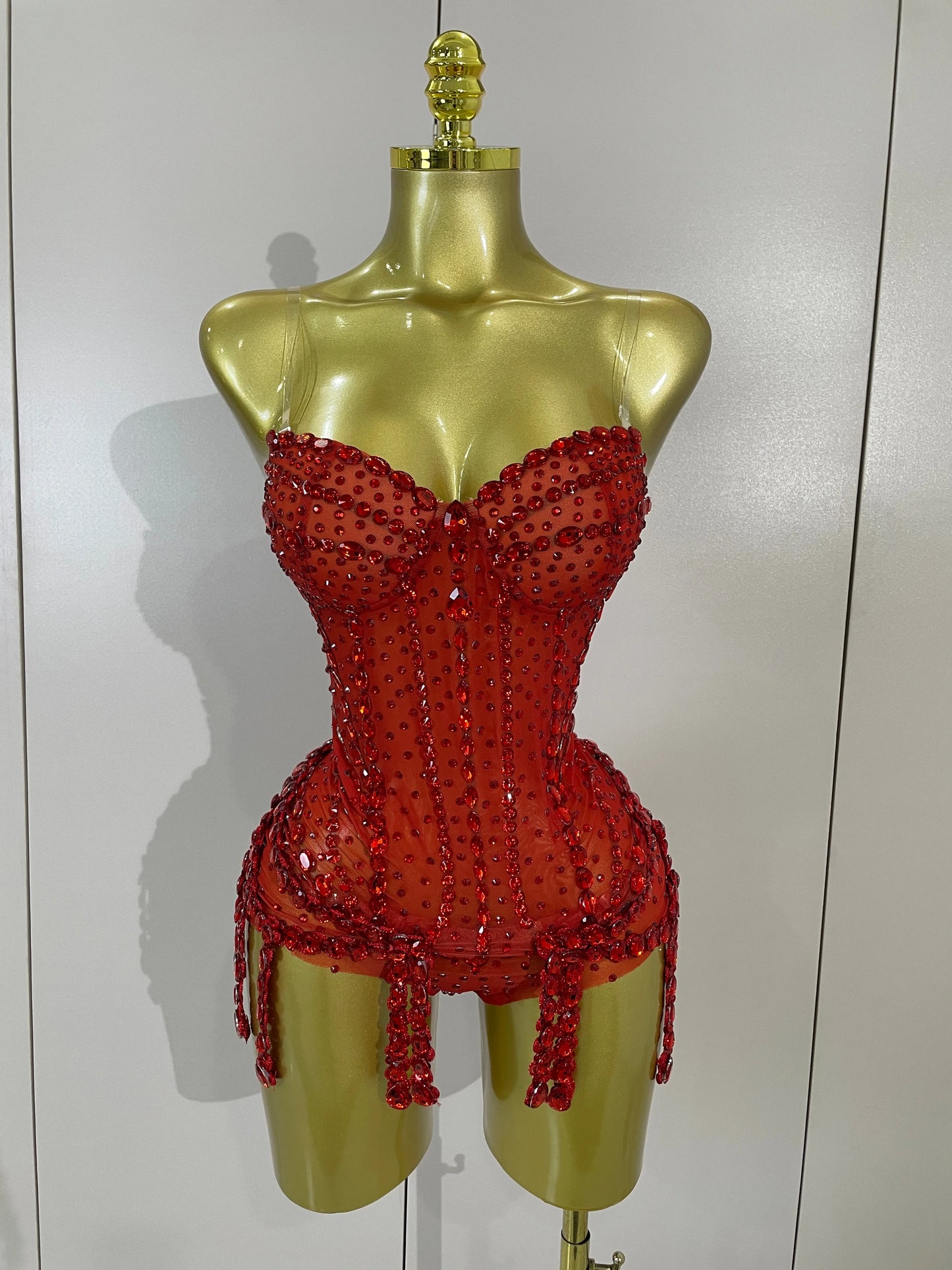 Luxury Sparkly Red Rhinestones Mesh Stretch Bodysuit Women Birthday Party Nightclub Bar Singer Dancer Performance Stage Costume