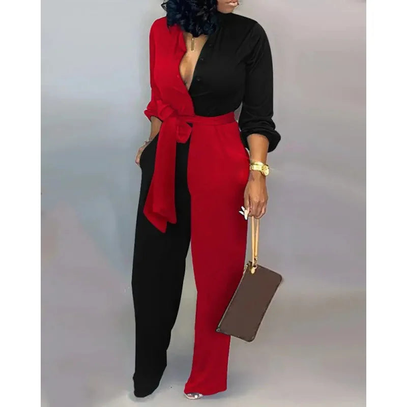 2024 Autumn Casual Women Jumpsuits Print V-Neck High Waist Belt Long Sleeve Elegant Straight Pants Jumpsuit Rompers For Women