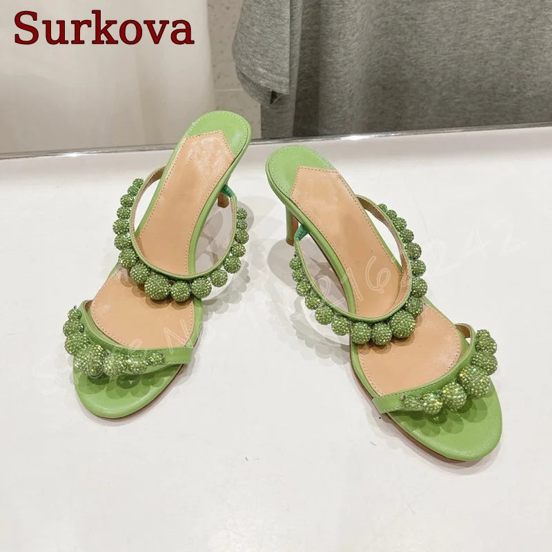 Green Pearl High Heel Slippers Open Toe Round Head Shallow Mouth Slippers Elegant Casual Luxury Dress Women'S Shoes Summer New