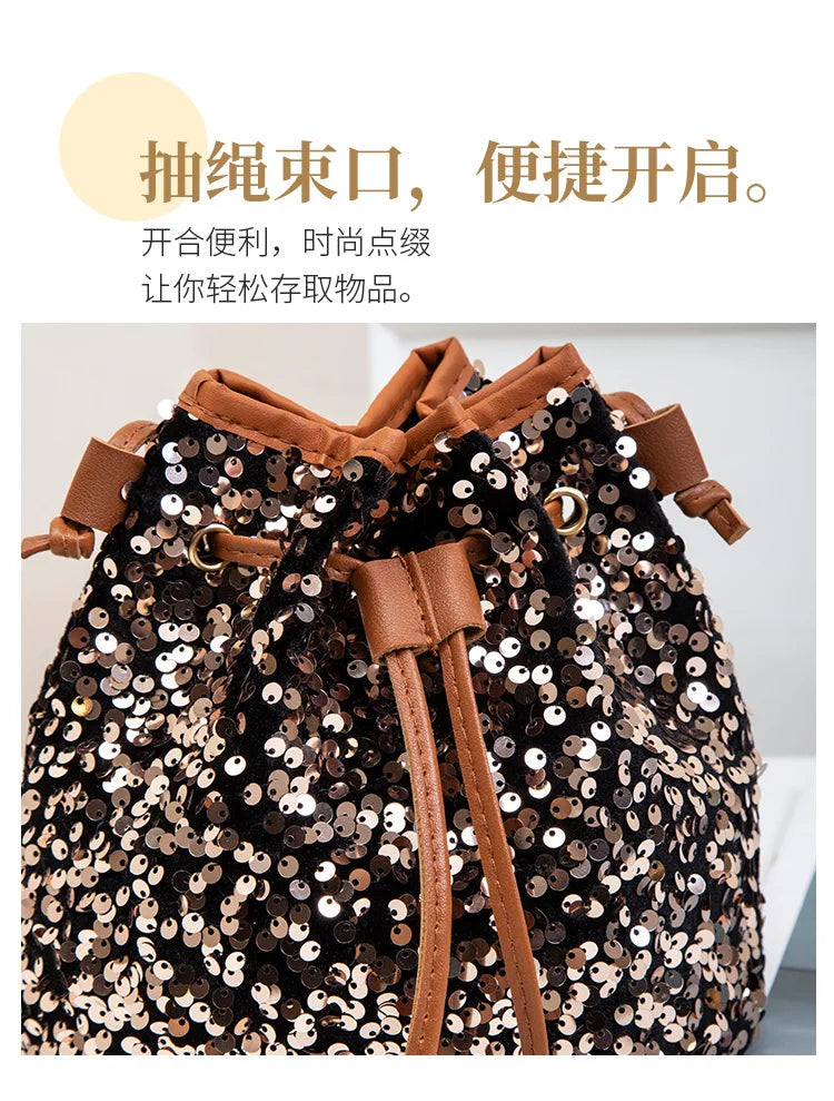 New Chic Multicolor Sequin Shing Shoulder Bag Fashion Versatile Handbag Drawstring Bucket Bag Large Capacity Wallet Purse Bags
