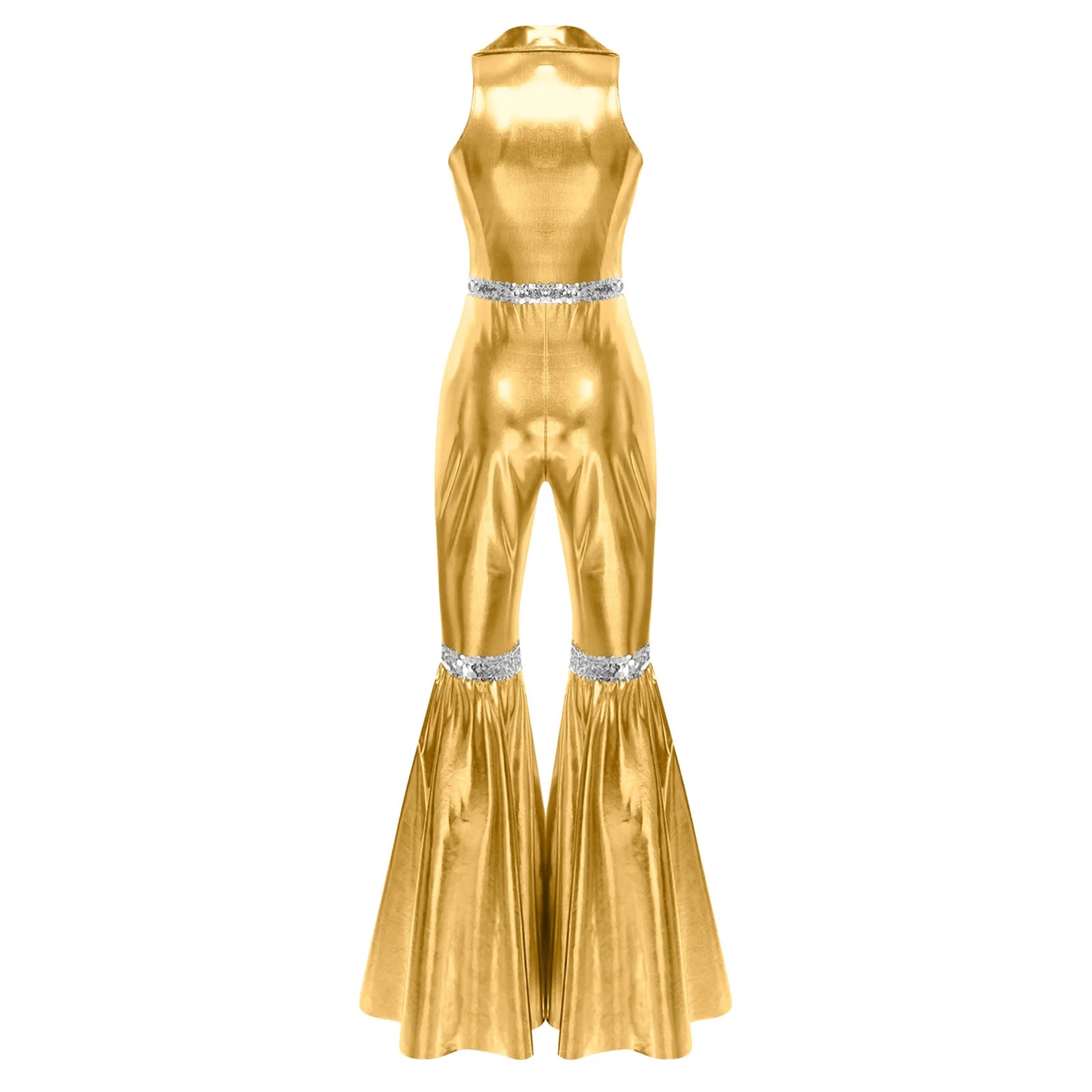 Adult Womens 70s Disco Rompers Lapel V Neck Sleeveless Front Zipper Sequins Bell Bottom Long Pants Jumpsuit Retro Jazz Dancewear