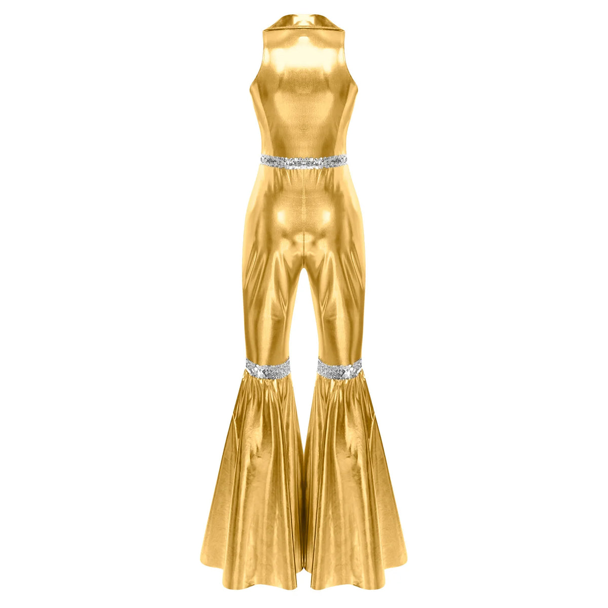 Adult Womens 70s Disco Rompers Lapel V Neck Sleeveless Front Zipper Sequins Bell Bottom Long Pants Jumpsuit Retro Jazz Dancewear