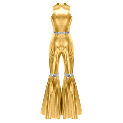 Adult Womens 70s Disco Rompers Lapel V Neck Sleeveless Front Zipper Sequins Bell Bottom Long Pants Jumpsuit Retro Jazz Dancewear