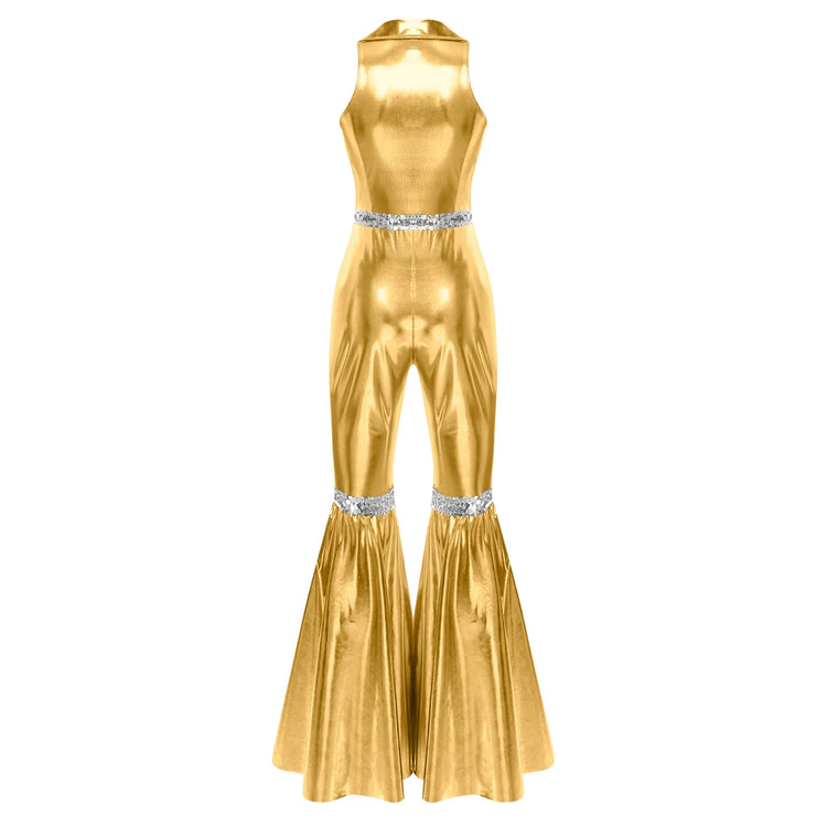 Adult Womens 70s Disco Rompers Lapel V Neck Sleeveless Front Zipper Sequins Bell Bottom Long Pants Jumpsuit Retro Jazz Dancewear