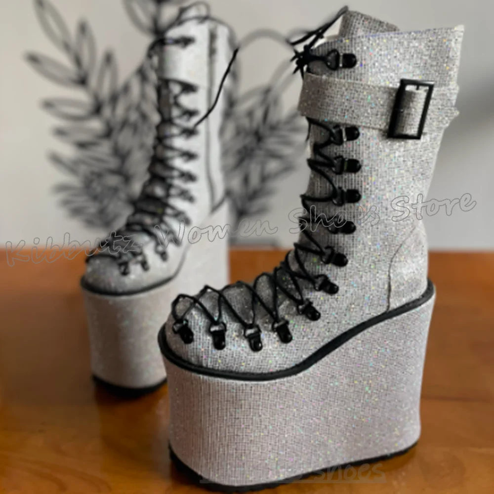 Glossy Ankle Boots Platform Belt Buckle Round Toe Thick Bottom Novelty Fashion Elegant Concise Sexy Women Shoes New Mixed Color