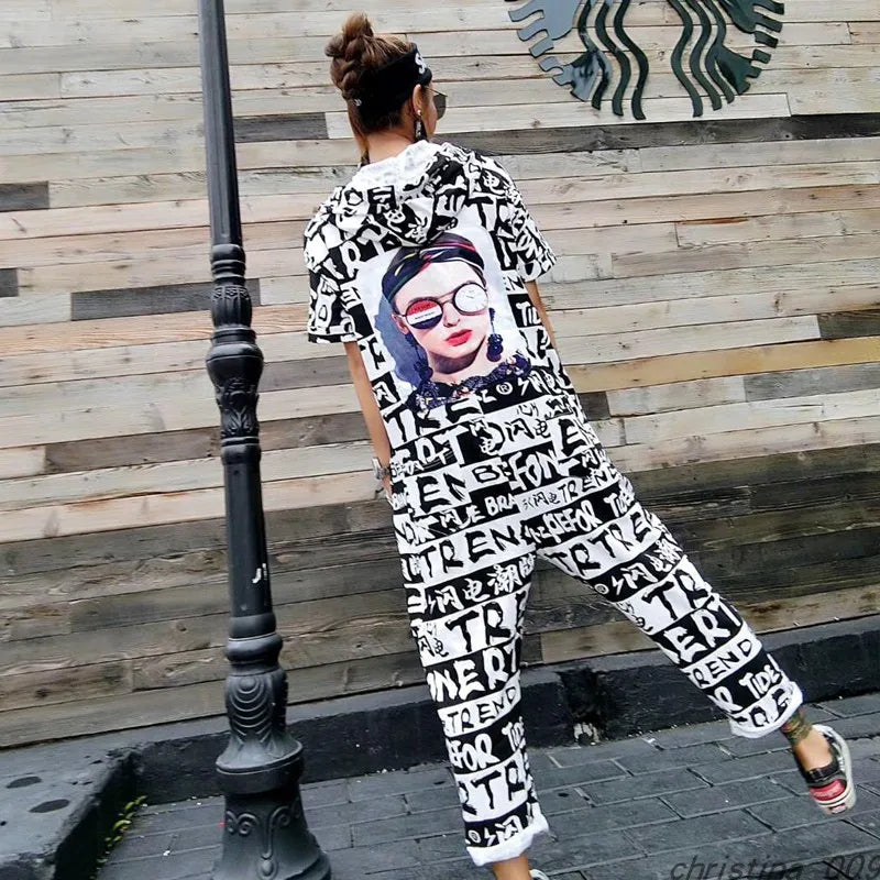 New Women Cartoon Graffiti Printing One Piece Overalls Mandarin Collar Short Sleeve Jumpsuit Hip Hop Design Rompers Baggy Pants