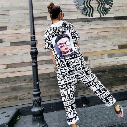 New Women Cartoon Graffiti Printing One Piece Overalls Mandarin Collar Short Sleeve Jumpsuit Hip Hop Design Rompers Baggy Pants