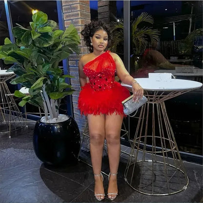 Sexy Red Birthday Dress Mini Luxury Feather Hem One Shoulder Rhinestone Corset Cocktail Party Gowns Night Clubwear Customized