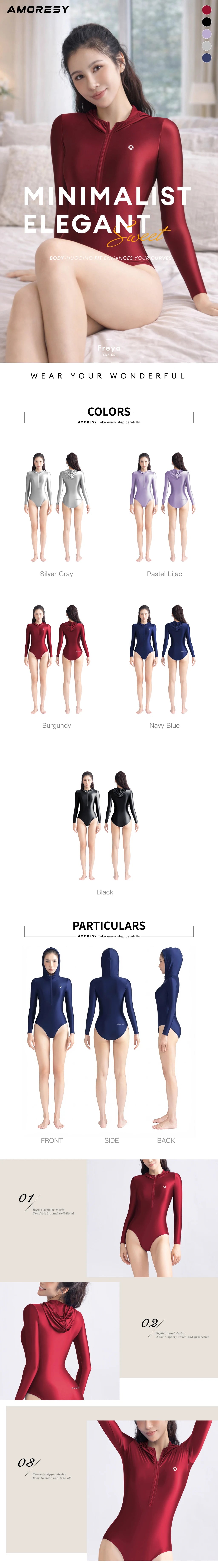 AMORESY Women's Long-sleeved Front Double Zipper Tight Hooded Swimsuit One-piece Swimwear Slimming Body-shaping Maillot Leotards