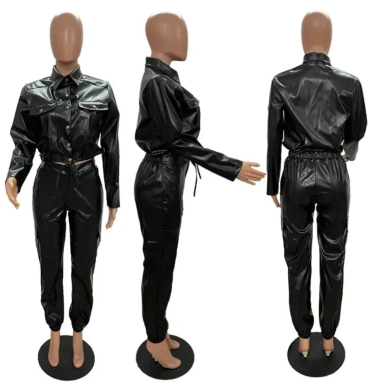 Women Jacket Sets 2 Piece Long Sleeved Slim PU Leather Gripped Pants Set Solid Zipper Fly Pencil Pants Slim Fit High Street Suit