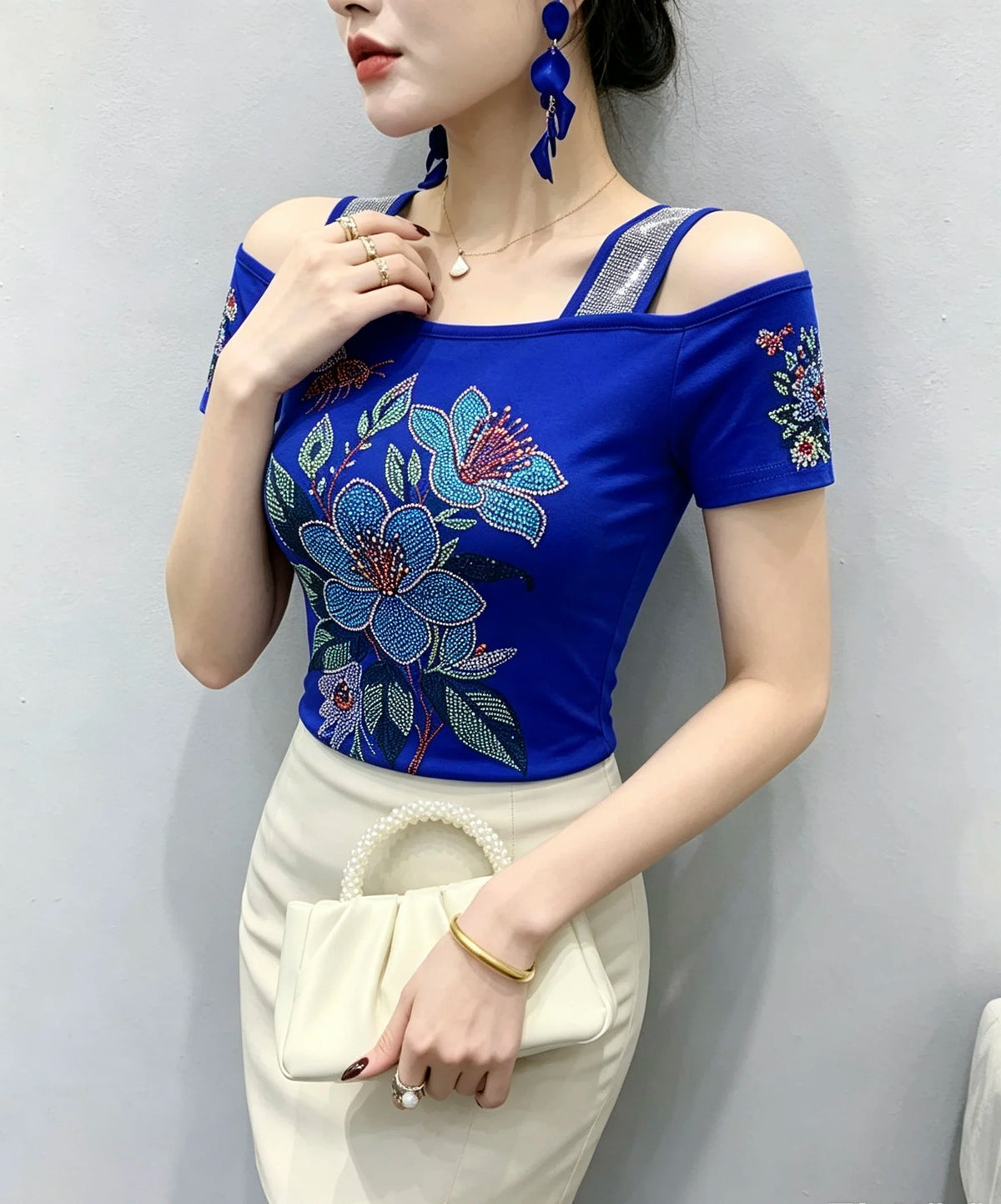 High Quality Elasticity Clothes Fashion T-Shirts Women's Sexy Off Shoulder Shiny Diamonds Mesh Tops Summer Tees Shirt
