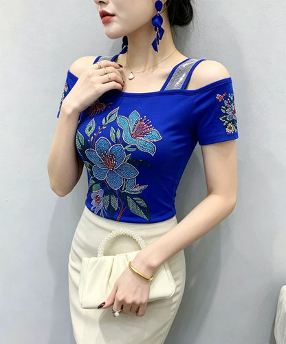High Quality Elasticity Clothes Fashion T-Shirts Women's Sexy Off Shoulder Shiny Diamonds Mesh Tops Summer Tees Shirt