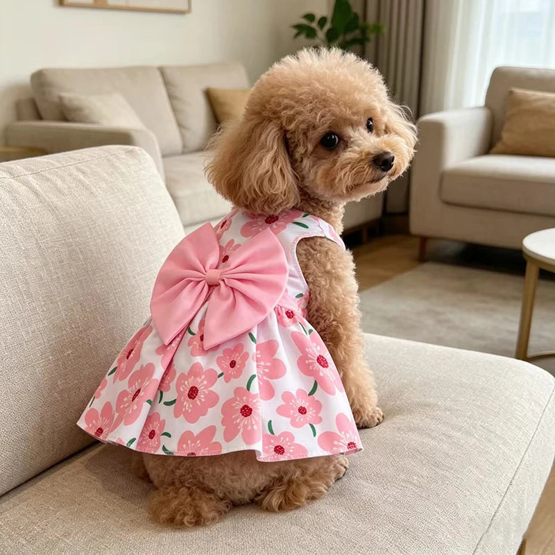 Puppy Summer Dress Dog Cat Princess Dress Pet Clothes for Small Medium Dogs Printed Bow Kitten Dog Skirt Yorkshire Teddy Apparel