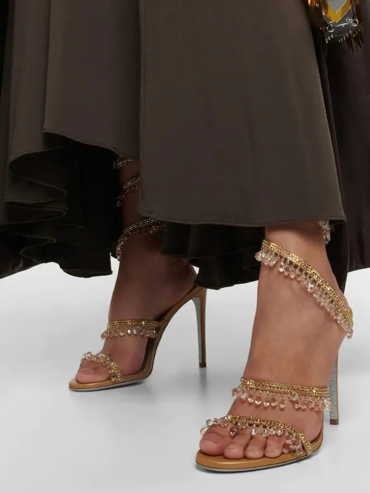 2026Women's New Water Diamond Sandals Fashion Tassel Crystal Shoes Sexy Banquet Party Twin Stiletto Women's Large Sandals