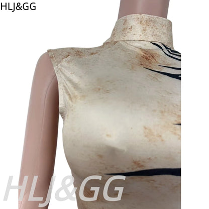 HLJ&GG Autumn Stripe Print Backless One Piece Jumpsuits Women Round Neck Long Sleeveless Slim Playsuits Sexy Overalls Streetwear