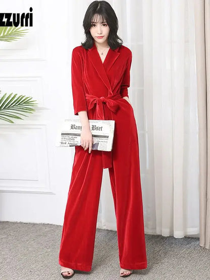 Nerazzurri Spring Autumn Long Soft Flowy Red Velvet Jumpsuit Women with Sleeves Sashes Maxi Black Wide Leg Floor Length Clothes