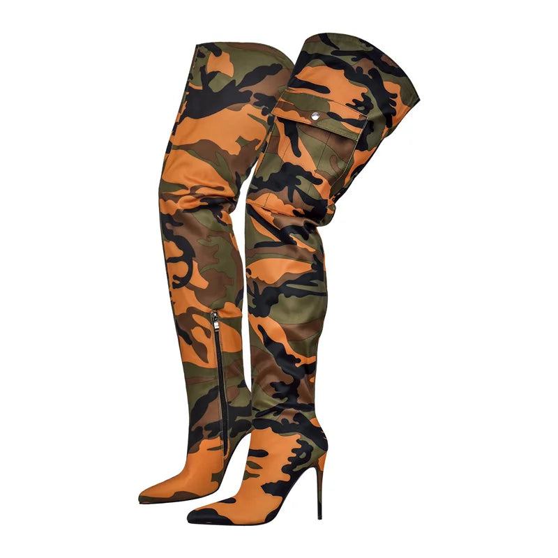 Onlymaker Womens Mixed Colors  CamouflageOver The Knee Boots Thin Heel Pointy Colorful Print  Thigh High Boots