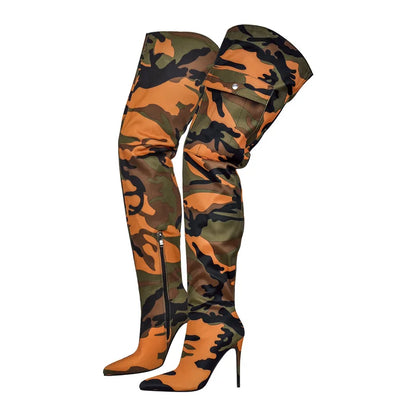 Onlymaker Womens Mixed Colors  CamouflageOver The Knee Boots Thin Heel Pointy Colorful Print  Thigh High Boots