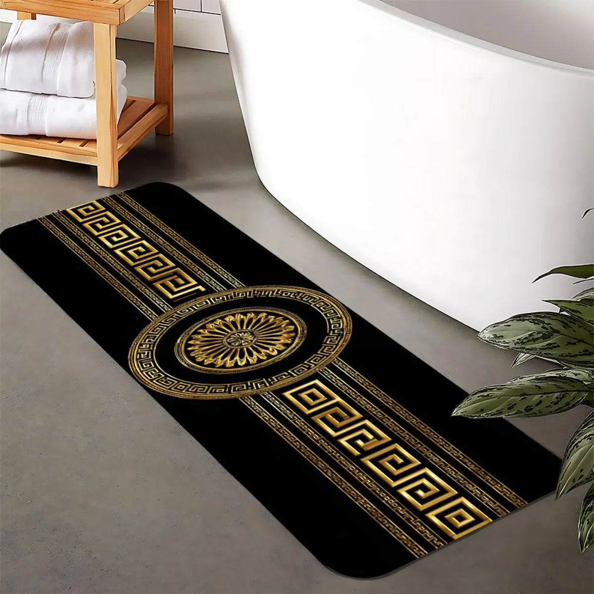 Luxury Black Gold Greek Key Print Runner Rug, Non-Slip Washable Durable Mat for Kitchen, Laundry Room, Entryway & Elegant Home