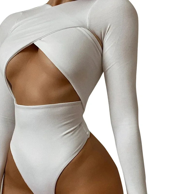 Summer New Women's Jumpsuit Solid Color Cross Hollow Long Sleeve Revealed Waist Slimming Smooths Your Silhouette