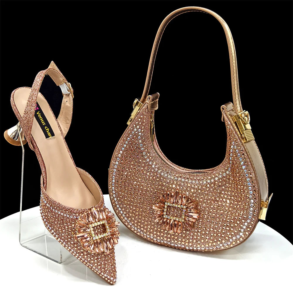 2025 Nigerian Women's Party Shoes and Bags Medium Heel Pointed Toe Elegant Party Footwear With Matching Color Handbag for Women
